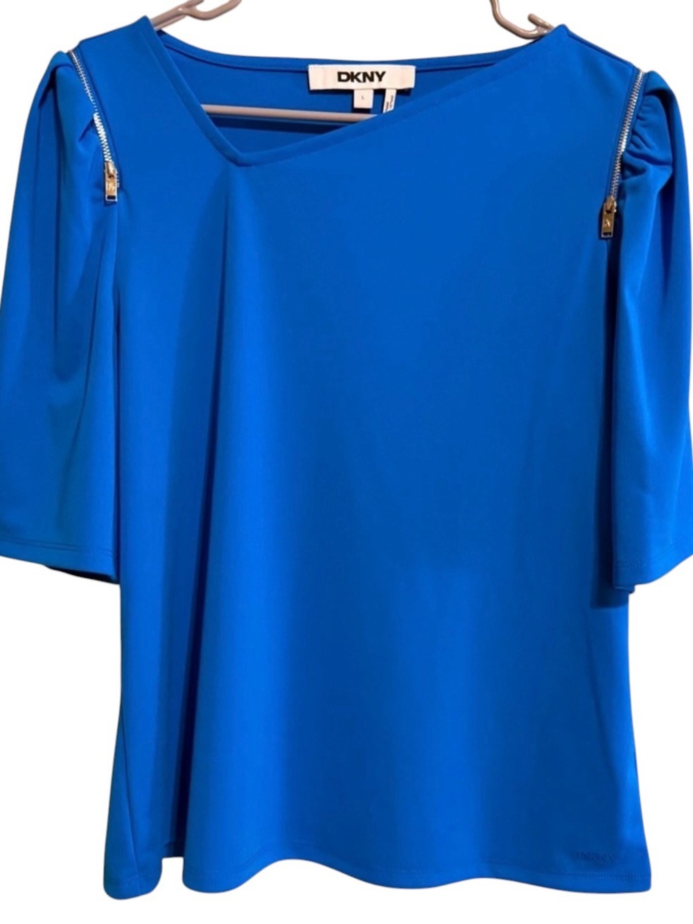 DKNY Cobalt Blue Modern Blouse Puff Sleeve Zipper Detail Size L